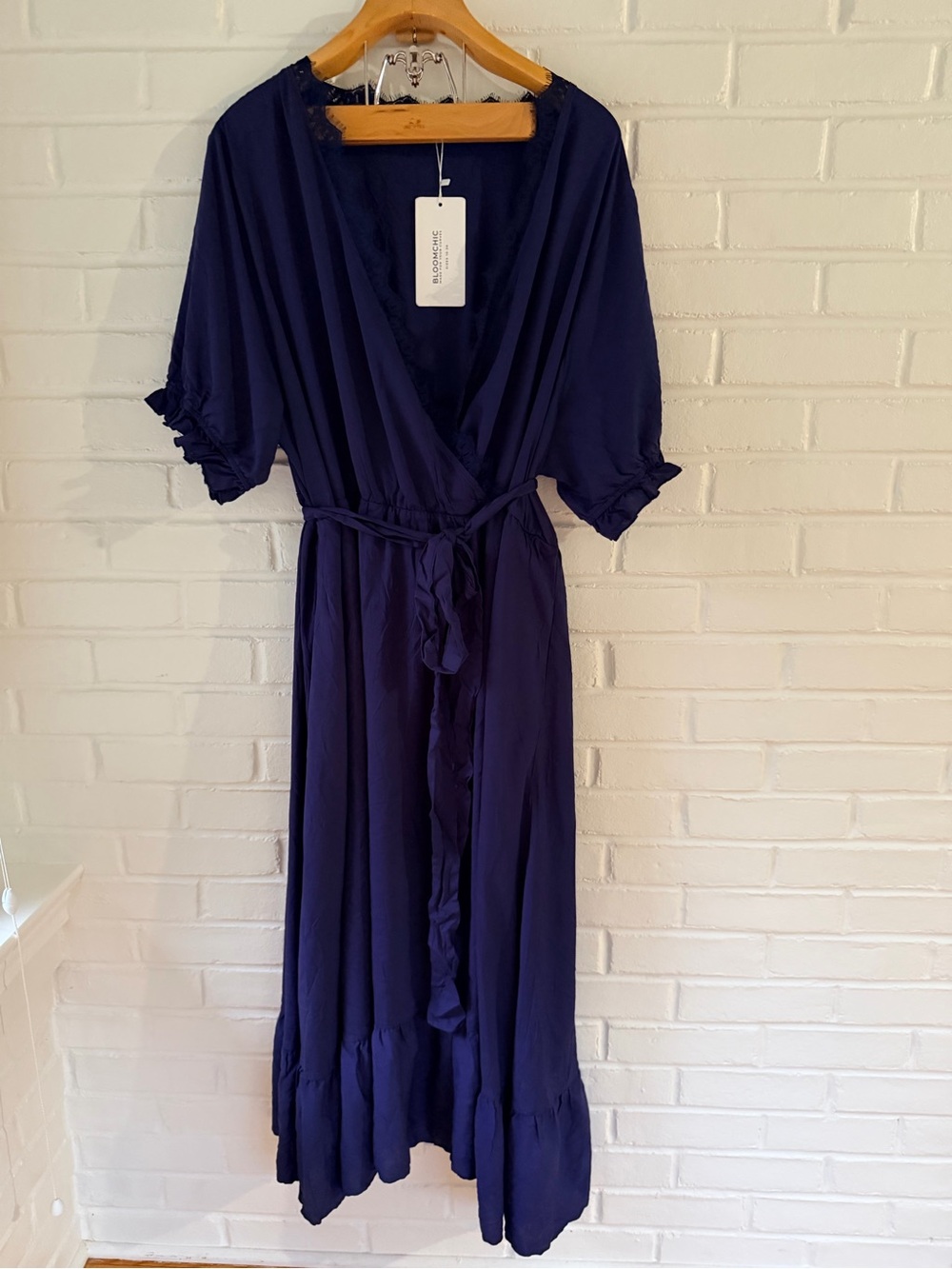 BloomChic Navy Wrap Midi Dress with Ruffle Trim and pockets size 26